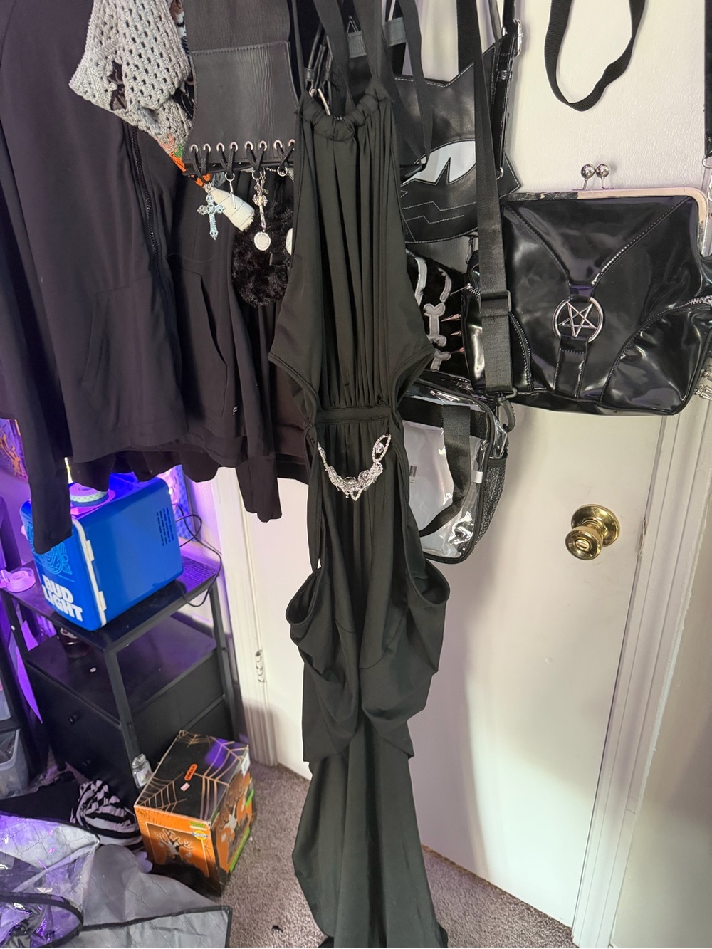 Black Gothic Halter Maxi Dress with Chain Detail